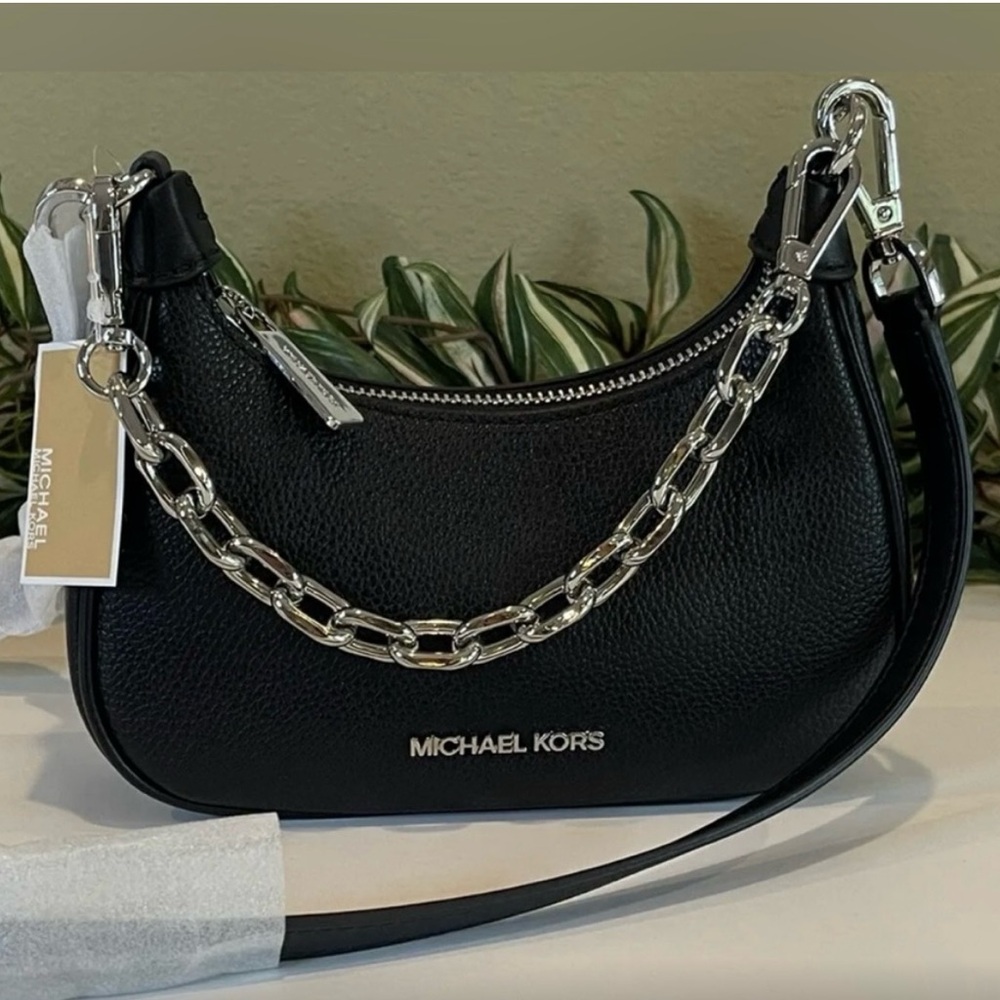 NWT Michael Kors Pebble Leather Cora Pouchette - Black with Silver Hardware